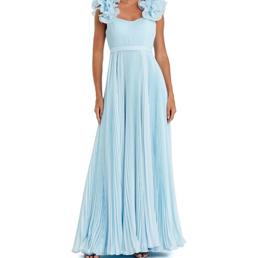 Mac Duggal Pleated Organza Gown with Ruffle Straps